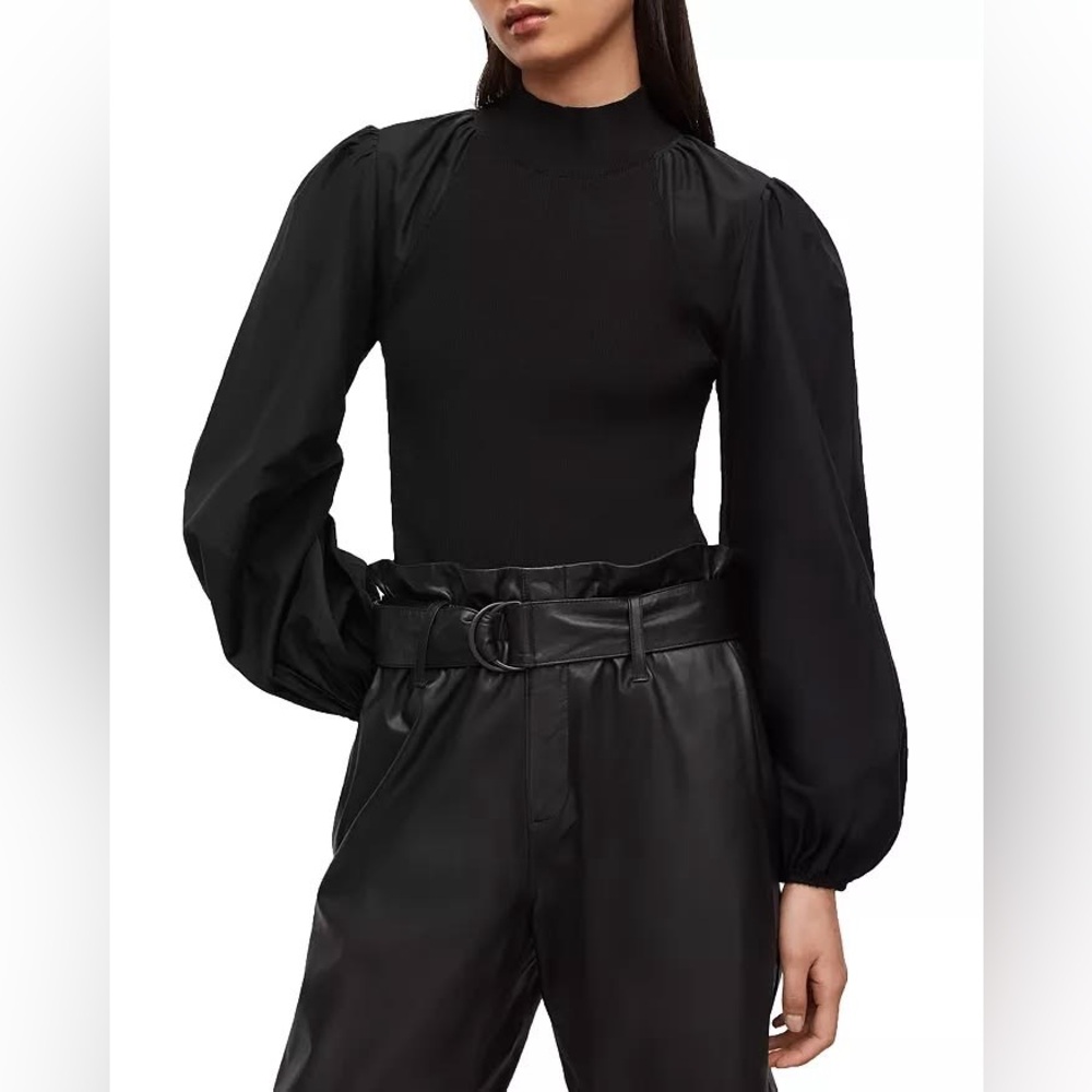 ALLSAINTS Cleo Mixed Media Balloon Sleeve Top Black Silk Size 0